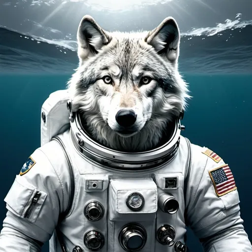 Prompt: white and gray wolf in astronaut suit in the ocean with big bold letters at the top saying astronaut in the ocean detailed