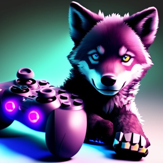 Prompt: violet colored wolf cub with a gaming controller in its paws the lighting is a little dark the wolf cub is gameing