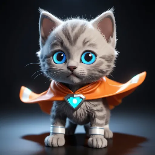 Prompt: gray kitten with whit stripes orange cape with glowing blue eyes body floating animie