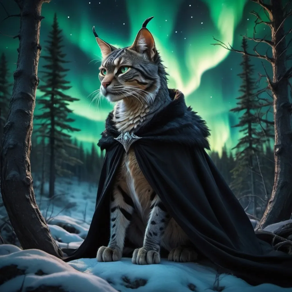 Prompt: wild cat dragon waring a black cloak warrior siting in hyper realistic fantasy forest future seen with northern lights above the wild cat waring a cloak warrior the wild cat dragon has two dragon wings cute detailed
