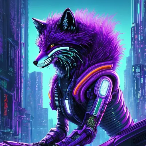 Prompt: High-res, detailed sci-fi illustration of a sleek purple fox, vibrant lime accents, futuristic cyberpunk setting, advanced holographic interface, intricate fur with neon highlights, intense and intelligent gaze, high-tech collar, city lights casting a surreal glow, high-tech, futuristic, cyberpunk, detailed fur, vivid colors, intense gaze, professional, atmospheric lighting