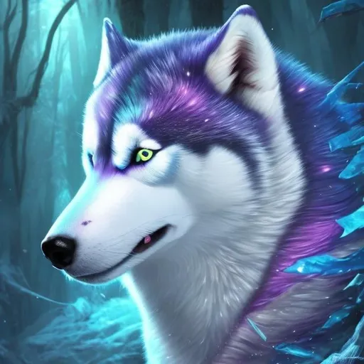 Prompt: Magical ice husky dog, digital painting, vibrant and fiery colors, mystical forest setting, intense and powerful gaze, translucent fiery fur, mystical, high quality, detailed, fantasy, ethereal, fiery, magical, vibrant colors, mystical forest, intense gaze, digital painting, powerful, translucent fur, professional, atmospheric lighting