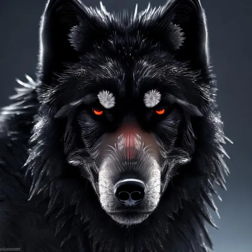 Prompt: High-quality 3D rendering of a black wolf, detailed red accents, intense gaze, realistic fur texture, mysterious atmosphere, highres, detailed, 3D rendering, black wolf, red accents, intense gaze, realistic fur texture, mysterious atmosphere