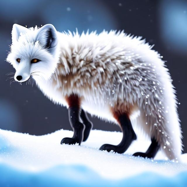 Prompt: white ice fox with ice particles aroud the fox in the artic with snow matins behine the ice fox