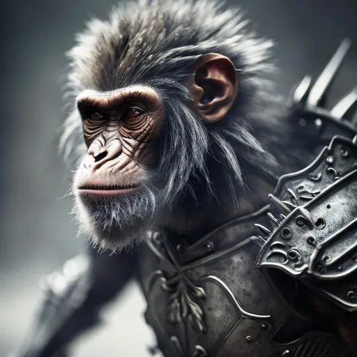 Prompt: Warrior monkey in detailed gray armor, fierce expression, battle-ready stance, high quality, detailed, realistic, warrior, monkey, gray armor, detailed design, battle stance, fierce expression, metallic textures, intense gaze, intricate armor plating, professional, atmospheric lighting