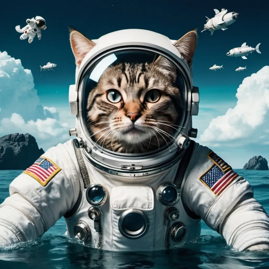 Prompt: cat in astronaut suit in the ocean with big bold letters at the top saying astronaut in the ocean detailed