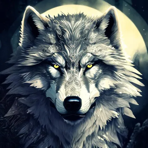 Prompt: Detailed highres illustration of a majestic gold wolf, cool black accents, realistic fur details, intense and piercing gaze, mystical forest setting, moonlight casting a black glow, best quality, detailed fur, cool tones, atmospheric lighting