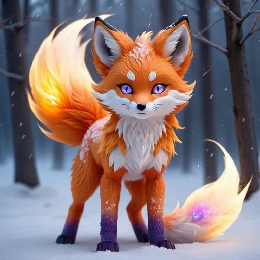 Prompt: fire elemental fox, feral fox, kitsune, nine-tailed fox, snowy lilac fur, bright rainbow orang aurora eyes, periwinkle orang ears, frost, falling snow, shattered fire, soft moonlight,stunning youthful vixen, gazing at viewer, gorgeous, muscular forelegs, athletic, agile, small but absurdly powerful, enchanting, timid
