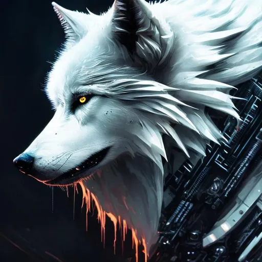 Prompt: Sci-fi illustration of a white wolf with accents of black, detailed fur with sci-fi reflections, intense and mysterious gaze, futuristic cybernetic enhancements, sleek and futuristic design, best quality, highres, ultra-detailed, sci-fi, futuristic, detailed fur, sleek design, professional, atmospheric lighting