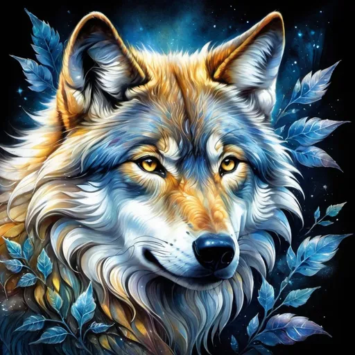 Prompt: Double Exposure, A very beautiful wolf, in the style of Josephine Wall, ice element, Ultrarealistic digital illustration, detailed watercolor drawing on soft paper, Contemporary beautiful art, sensuality, atmospheric, dark fantasy, fantasy, magic, botanical, ethereal, super-detail, psychedelic colors, dark colors, golden ratio, high quality, HDR, 1024k, professional, depth, detailed shading, sharp)
