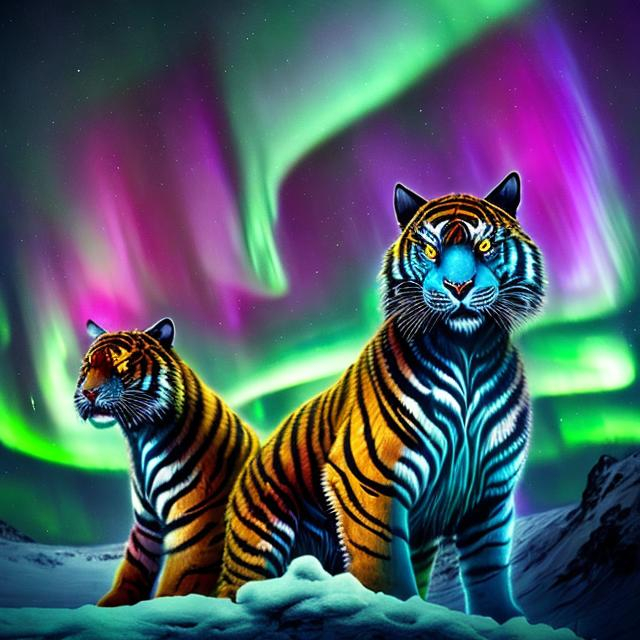 Prompt: two alien tigers in the northern lights with lots of detail