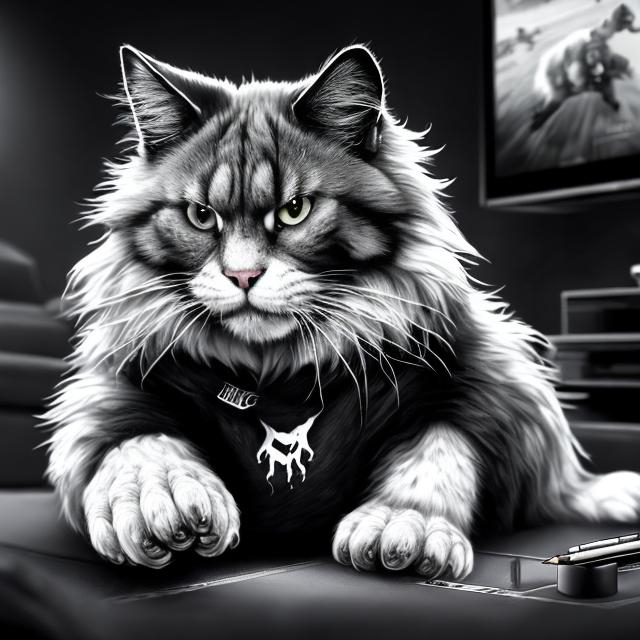 Prompt: Detailed black and white cat playing video games, realistic pencil drawing, intense focus, intricate fur patterns, high contrast, black and white, hyper-realistic, monochrome, detailed paws and claws, video game controller, immersive lighting