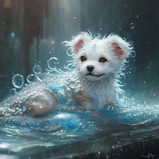 Prompt: Detailed, realistic, adorable liquid puppy, fluffy fur, water element, magical water circles, Krenz Cushart, loish, gaston bussiere, craig mullins, j. c. leyendecker, Artgerm, cute, blue, magical, water, fluffy, ultra-detailed, realistic, water movement, professional, atmospheric lighting