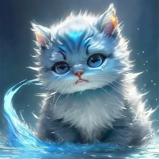 Prompt: very Cute, blue, fluffy, water kitten, possessing the element of water and making circles of water move around in the air in a magical way. Perfect features, extremely detailed, realistic. Krenz Cushart + loish +gaston bussiere +craig mullins, j. c. leyendecker +Artgerm.