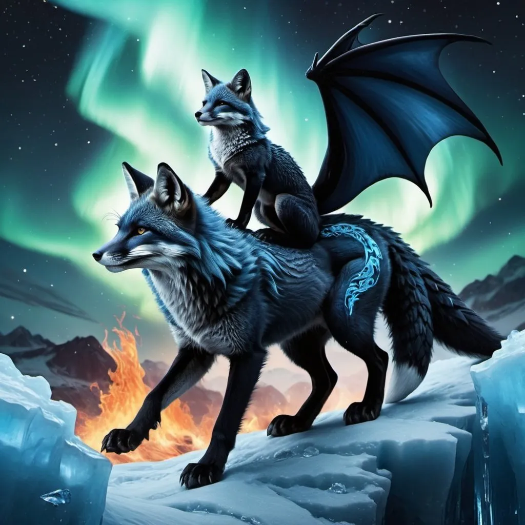 Prompt: black and blue fox riding a dark blue ice dragon with some fire and northern lights detailed hyper realistic the black and white fox and the dragon are in the sky
