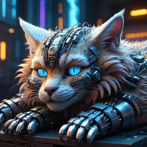 Prompt: Highly detailed phoenixpunk scene cub sleeping, hyper-realistic 4K rendering, volumetric lighting, HD quality, futuristic cityscape backdrop, mechanical feline with intricate joints and circuit patterns, cool-toned futuristic atmosphere, detailed fur with lifelike textures, cyberpunk aesthetic, ultra-detailed, volumetric lighting, professional rendering, HD, 4K blue eyes sleeping fluffy still colorful