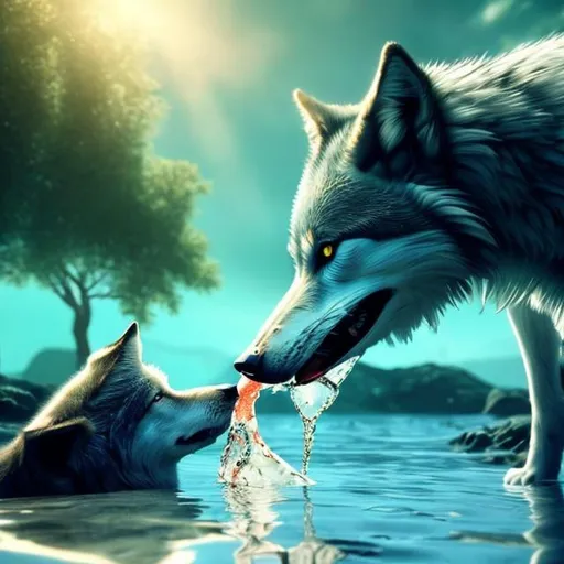 Prompt: a wolf drinking out of a beautiful sea lots of detail and lots of sun light