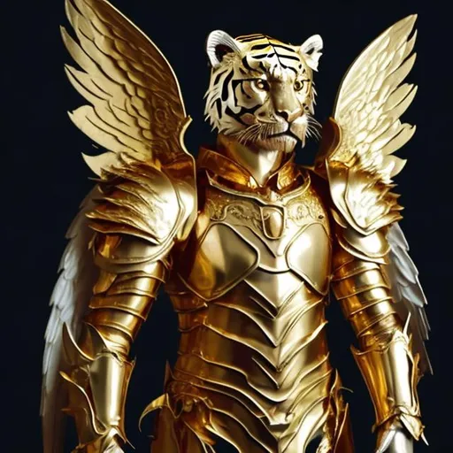 Prompt: a gold tiger cub with gold armor and angel wings 