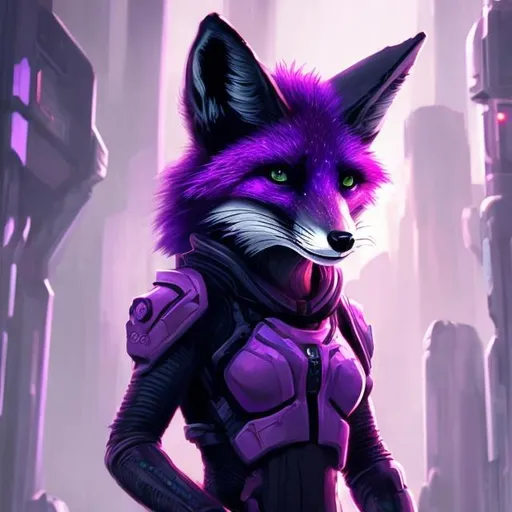 Prompt: fox that's purple and lime detailed futuristic settings sci fi