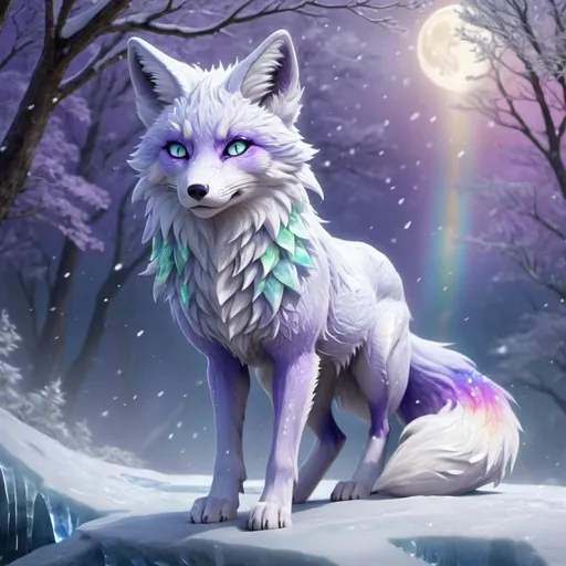 Prompt: ice elemental fox, feral fox, kitsune, nine-tailed fox, snowy lilac fur, bright rainbow purple aurora eyes, periwinkle green ears, frost, falling snow, shattered ice, soft moonlight,stunning youthful vixen, gazing at viewer, gorgeous, muscular forelegs, athletic, agile, small but absurdly powerful, enchanting, timid
