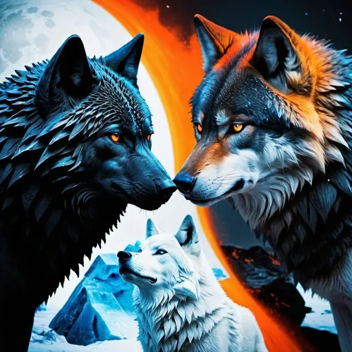 Prompt: black and blue ice wolf beside a black red and orange wolf the ice wolf has a caller that says Mia and the ice wolfs saying Leo two different wolfs