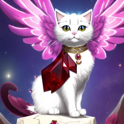 Prompt: a whit cat with ruby gems on it and wings