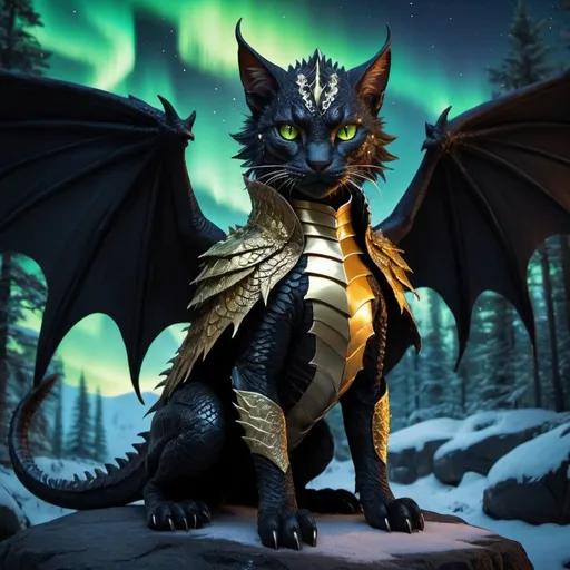 Prompt: wild cat dragon waring  black armor and has scales warrior siting in hyper realistic fantasy forest future seen with northern lights above the wild cat waring a cloak warrior the wild cat dragon has two dragon wings cute detailed glowing gold eyes no wings  no dragon tail if you do add dragon wings add two if you add a tail make it one
