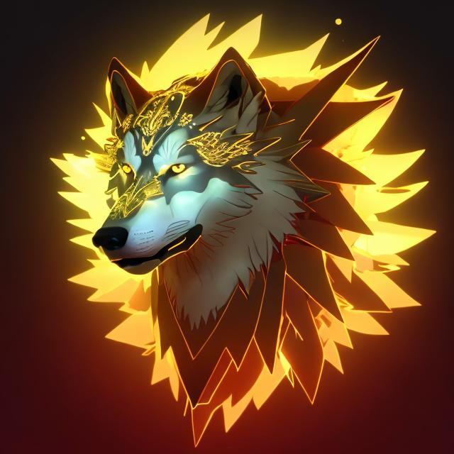 Prompt: a gold wolf with gold hock wings and a glowing red chest and some red on its tale