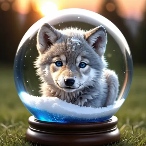 Prompt: (cute wolf cub with accents of blue cub) detailed hyper realistic sun set in background they are on the grass beautiful (cute) (cute) the wolf looks like a wolf (IN) a (snow globe) make sure  the picture is in a globe)                   


                       CUTE!!!!!!!!!!