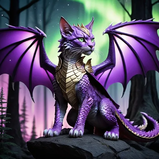 Prompt: wild cat dragon waring purple armor and has scales warrior siting in hyper realistic fantasy forest future seen with northern lights above the wild cat waring a cloak warrior the wild cat dragon has two dragon wings cute detailed glowing gold eyes no wings  no dragon tail if you do add dragon wings add two if you add a tail make it one
