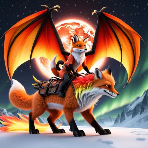 Prompt: black and red fox riding a orang and yellow fire dragon with some ice and northern lights detailed hyper realistic the black and red fox and the dragon are in the sky the fire dragon has wings and a dragon tail make sure it has dragon wings and tail the black and red fox is riding the dragon there should be no blue. northern lights in the sky
