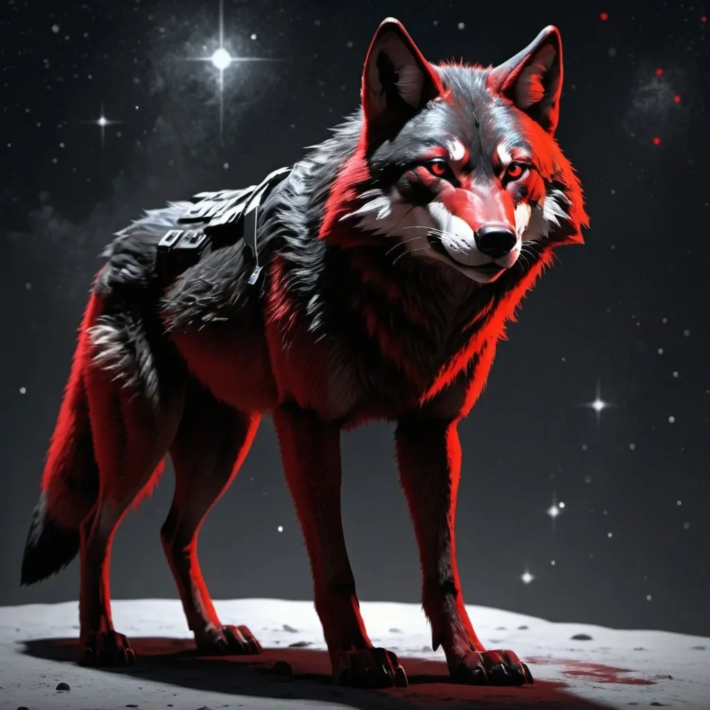 Prompt: black and red wolf vulpera, dark fur, anthropomorphic, full body, sci fi agent, uhd, photorealistic, very detailed behind the wolf is white black and red stars
