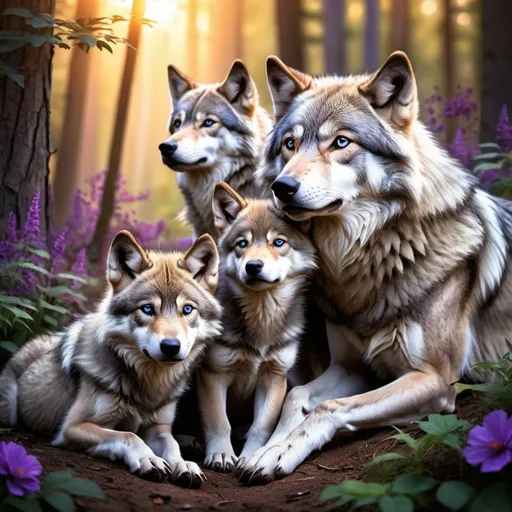 Prompt: Detailed illustration of a majestic wolves with accents of purple and blue wolves and two cubs in a lush forest clearing at sunset, warm and vibrant color tones, high quality, realistic, detailed fur, serene atmosphere, focused mother wolves, peaceful sunset, sleepy cub, sitting cub, forest setting, natural lighting lots of flowers around the wolves all of the wolves have accents of purple and blue and gold eyes the wolves