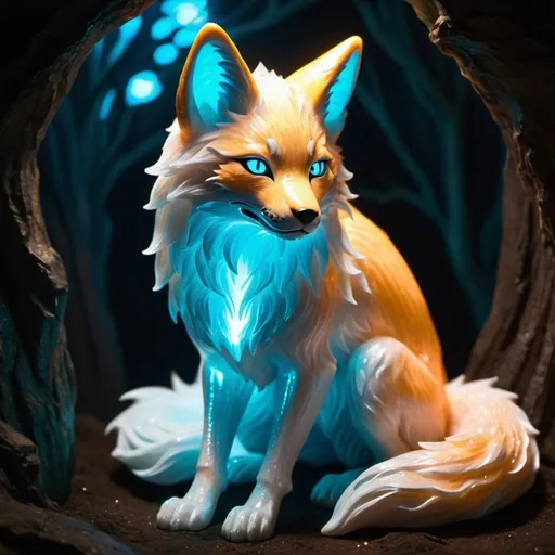 Prompt: A translucent kitsune that is glowing, in a den, realistic, bioluminescent, glitter, highres, best quality, concept art good lighting
