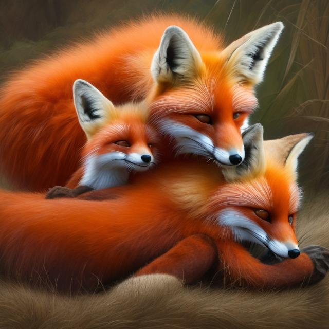 Prompt: realistic red and orang fox laying dawn near a river detailed