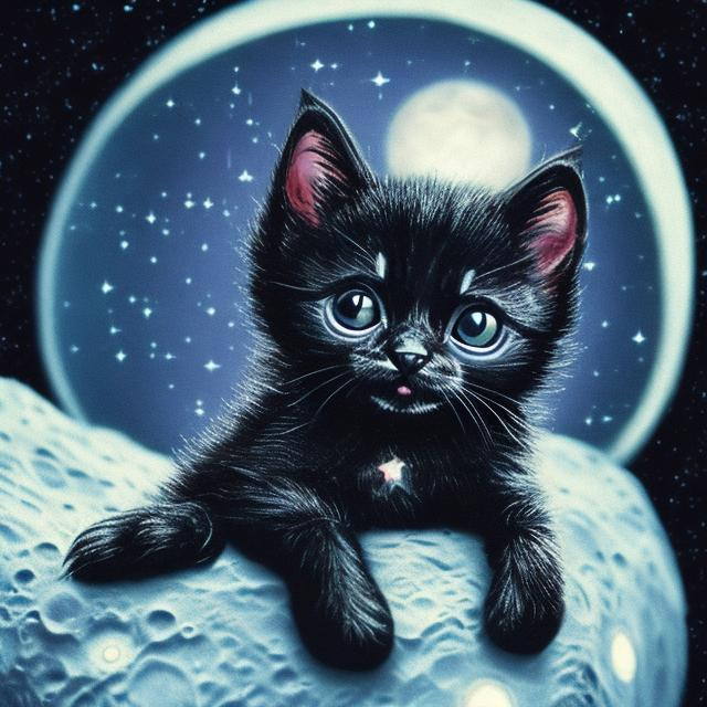 Prompt: a light up black kitten in space on the moon