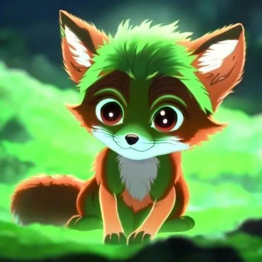 Prompt: a glowing green baby fox anime