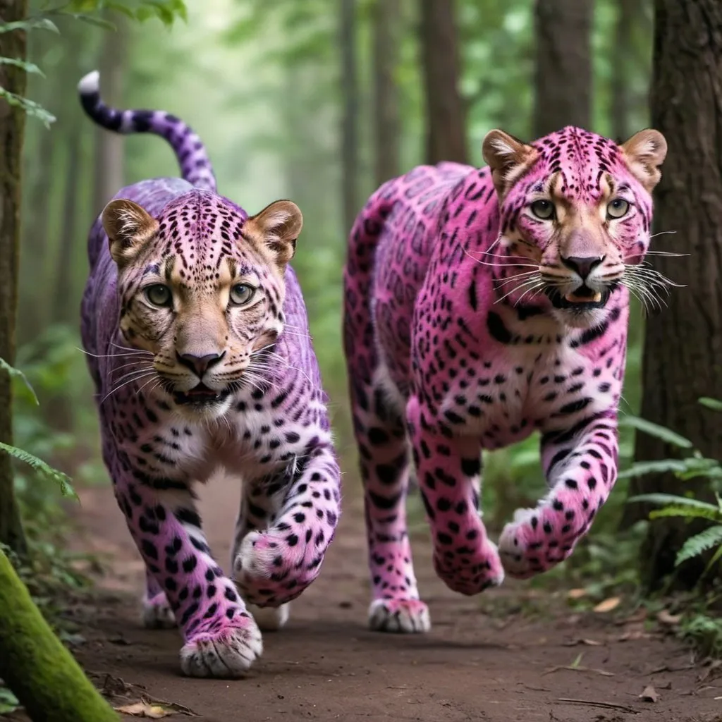 Prompt: two purple and pink leopards running through the forest