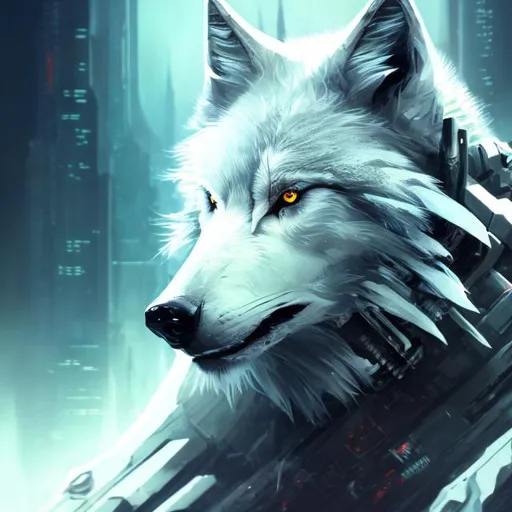 Prompt: Sci-fi illustration of a white wolf with accents of black, detailed fur with sci-fi reflections, intense and mysterious gaze, futuristic cybernetic enhancements, sleek and futuristic design, best quality, highres, ultra-detailed, sci-fi, futuristic, detailed fur, sleek design, professional, atmospheric lighting
