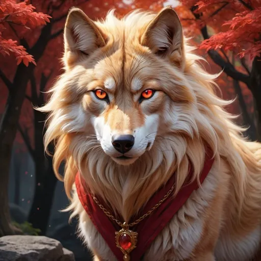 Prompt: warrior (wolf) with {bright scarlet fur} and {ruby red eyes}, feral wolf, kitsune, nine-tailed lion, gorgeous anime portrait, beautiful cartoon, beautiful 8k eyes, elegant {red fur}, four-legged, quadruped, pronounced scar on chest, oil painting, modest, gazing at viewer, fiery red eyes, glistening golden hair, furry golden paws, low angle view, 64k, hyper detailed, expressive, graceful, beautiful, small lithe cat, expansive silky golden mane, shining fur, deep starry sky, UHD background, golden ratio, precise, perfect proportions, vibrant colors, standing majestically on a tall crystal stone, hyper detailed, complementary colors, UHD, HDR, top quality art, beautiful detailed background, unreal 5, artstaion, deviantart, instagram, professional, masterpiece (lots of red gold and orange) also the wolf is (hallowing)
