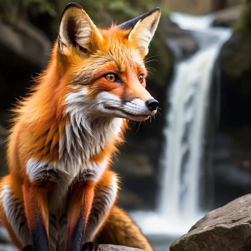 Prompt: red fox with accents of orang looking at a waterfall good lighting detailed anima