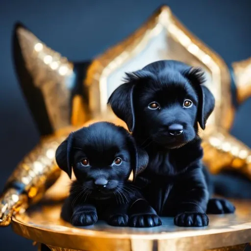 Prompt: a black puppy and a blue cat in gold armor snuggling