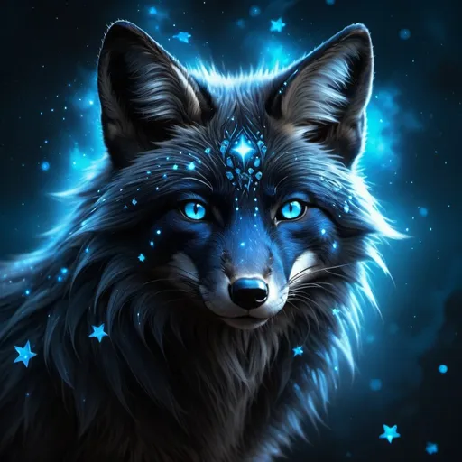 Prompt: Black fox with glowing blue stars, mystical fantasy theme, highres, detailed fur, atmospheric lighting, fantasy, mystical, detailed eyes, sleek design, professional, glowing blue stars, cool tones, detailed fur, atmospheric lighting