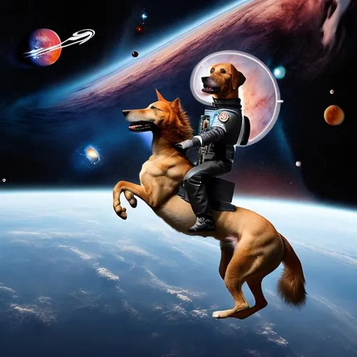 Prompt: a dog riding a horse in space