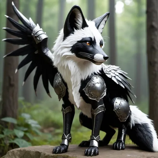 Prompt: black and white fox with iron armor died black the black and white fox has dragon wings hyper realistic good lighting make sure the fox has two dragon wings