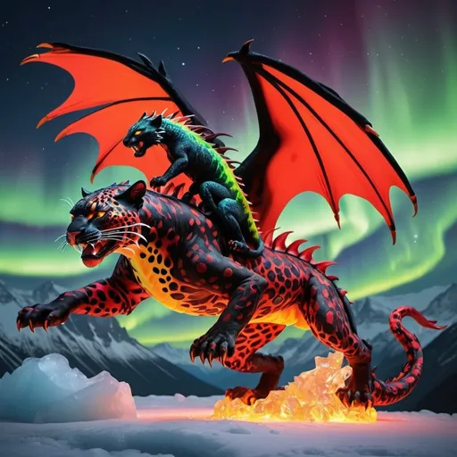 Prompt: black and red leopard riding a orange and yellow fire dragon with some ice and northern lights detailed hyper realistic the black and red leopard and the dragon are in the sky the fire dragon has wings and a dragon tail make sure it has two dragon wings and one tail the black and red leopard is riding the dragon there should be no blue green or purple. northern lights in the sky
