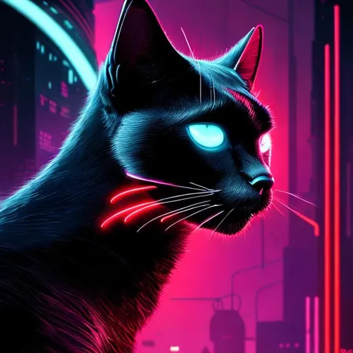 Prompt: Sci-fi digital illustration of a sleek black cat, detailed red glowing accents, futuristic cyberpunk setting, vibrant neon lights, high-tech collar, detailed fur with glowing reflections, intense and mysterious gaze, best quality, highres, ultra-detailed, cyberpunk, detailed eyes, sleek design, professional, vibrant neon lighting