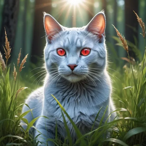 Prompt: bright sun shining, light blue cat in a grass patch in the forest detailed hyper realistic good lighting nice and sunny and shiny, magic theme. magic blue and red particles glowing eyes the cat is light blue with accents of gray.