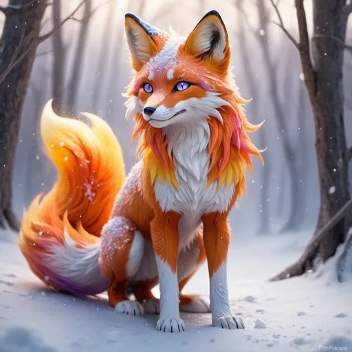Prompt: fire elemental fox, feral fox, kitsune, nine-tailed fox, snowy lilac fur, bright rainbow orang aurora eyes, periwinkle orang ears, frost, falling snow, shattered fire, soft moonlight,stunning youthful vixen, gazing at viewer, gorgeous, muscular forelegs, athletic, agile, small but absurdly powerful, enchanting, timid
