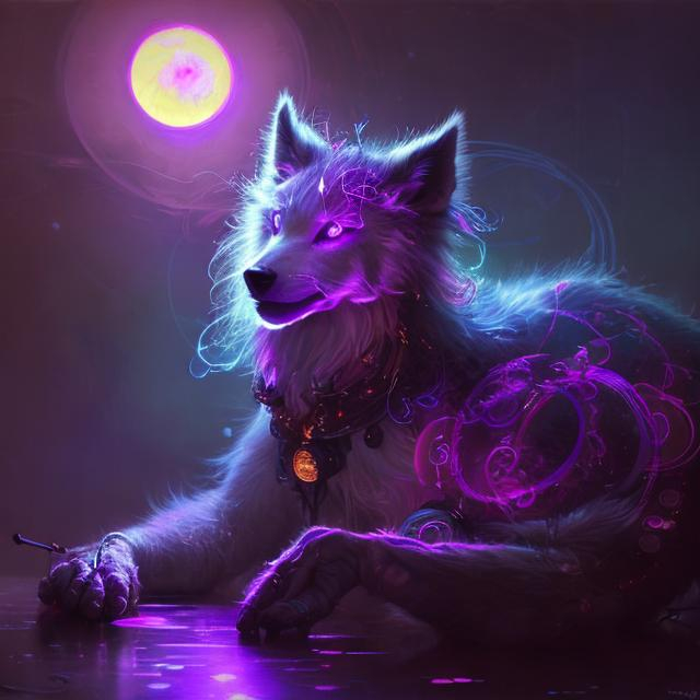 Prompt: Highly detailed realistic depiction of a cute neon wolf, surrounded by flowing circles of purple aura, possessive of moon element, Krenz Cushart, loish, Gaston Bussiere, Craig Mullins, J.C. Leyendecker, Artgerm, magical, fluffy, light, moonlit, neon, purple aura, detailed, realistic, atmospheric lighting, mystical, ethereal, best quality, Krenz Cushart style, neon color palette, moon element